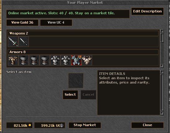 Player Market panel with item categories and item details
