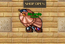 A seller using the shop outfit with a SHOP OPEN label